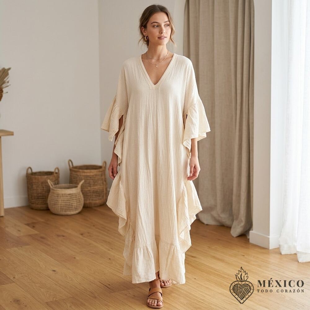 Butterfly Mexican gauze Maxi Dress – Handmade Cotton Floral Artisan Gown Kaftan